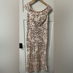 Eliza J Gown Rose Gold Cream Sequin Lace mother of the bride Wedding Guest